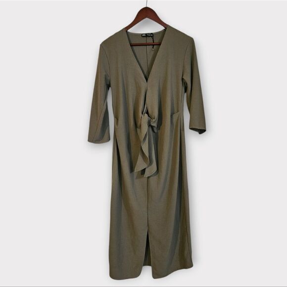 ZARA Fluid Knot Sage Green 3/4 Sleeve Draped Pleated Front Slit Midi Dress M - Picture 8 of 13